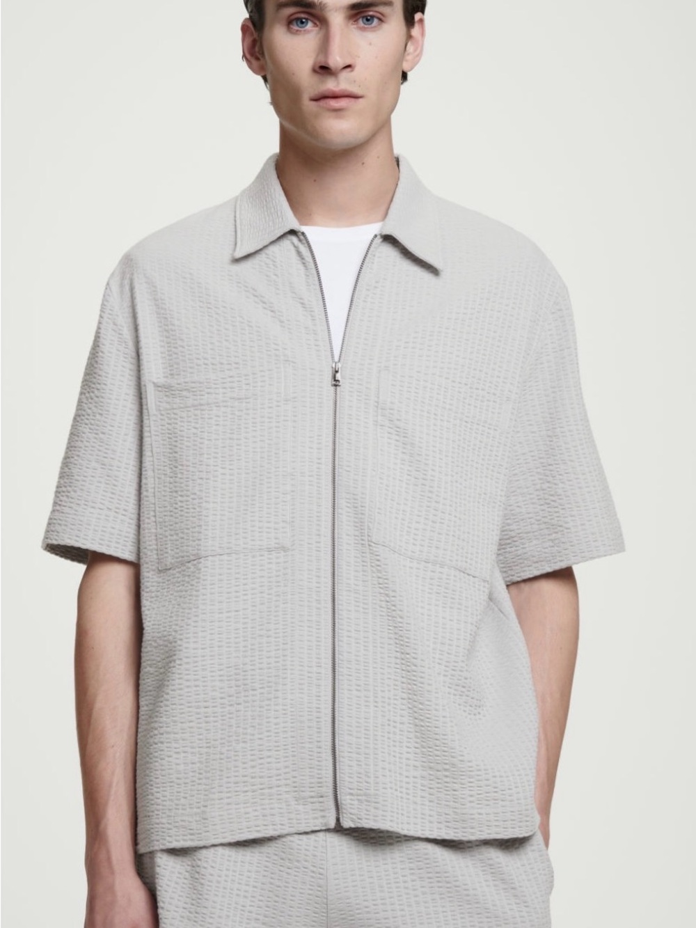 COS Seersucker Textured Short-Sleeve Zip Shirt